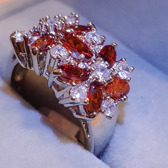 Garnet & White Sapphire Flowers Cocktail Ring - Picture 15 of 16